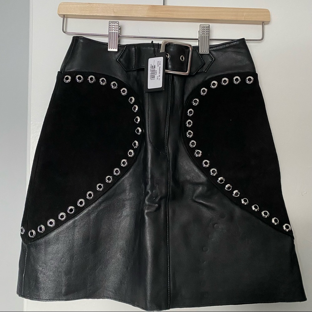 Maje Black Leather & Suede Mini Skirt with Silver Eyelet Trim